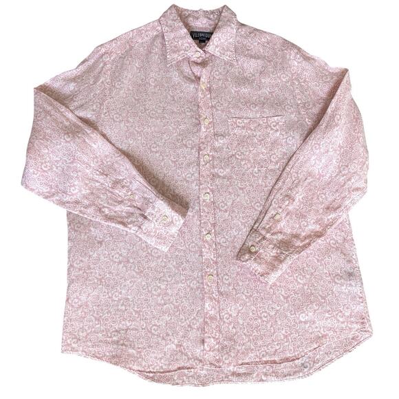 Vilebrequin Sz XXL Pink White Button Up 100% Linen Flax Long Sleeve Shirt Pocket - Picture 2 of 13